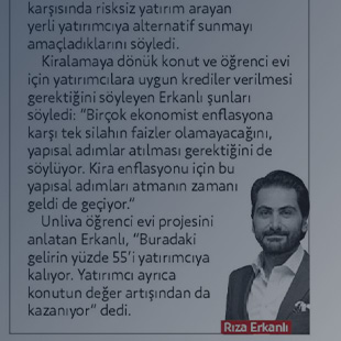 Erkanlı Holding barınma sorununa çözüm sunan kiralama odaklı gayrimenkul modelini tanıtan profesyonel grafik. Unliva öğrenci konutları ve yatırımların avantajlarını vurgulayan bir başlık.