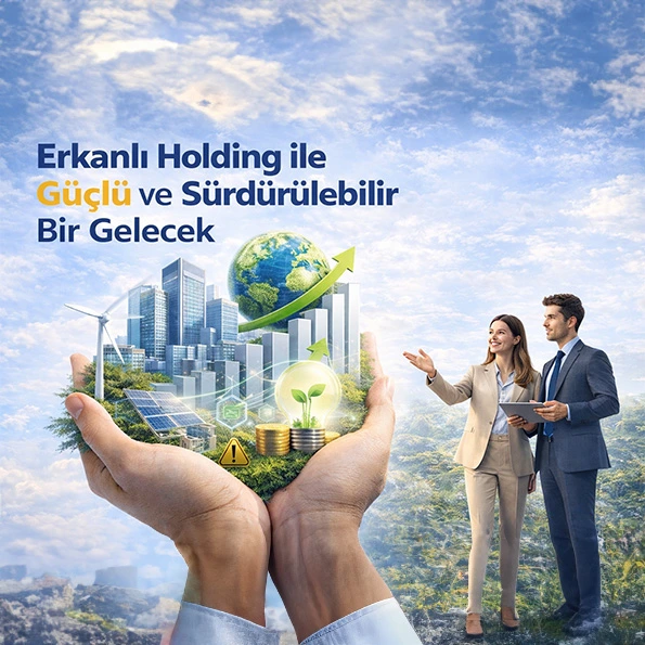Erkanlı Holding’in güçlü ve sürdürülebilir geleceğe odaklanan vizyonunu, doğal enerji kaynakları ve yenilikçi projelerle vurgulayan dijital görsel.