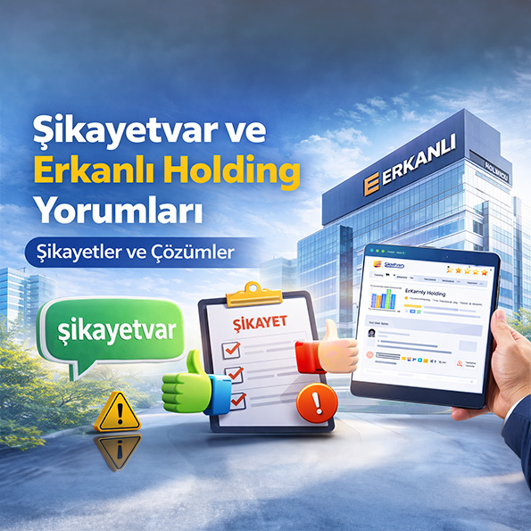 Erkanlı Holding hakkında Şikayetvar platformundaki yorumları ve kullanıcı geri bildirimlerini temsil eden görsel, çözüm sürecini ve yorumları vurgulamaktadır.