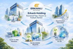 Erkanlı Holding’in kurumsal yapısını, yatırım odaklı sektörlerini ve sürdürülebilir büyüme yaklaşımını görsel olarak açıklayan infografik.